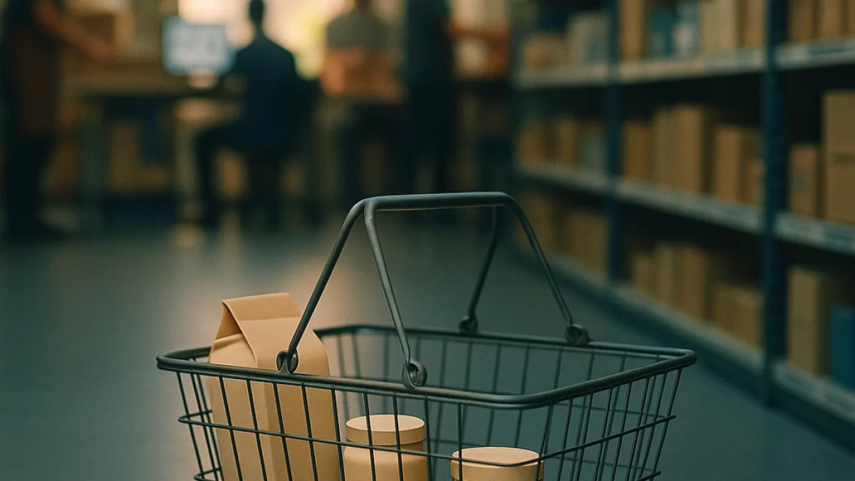 A half-filled shopping basket left on the floor of an aisle