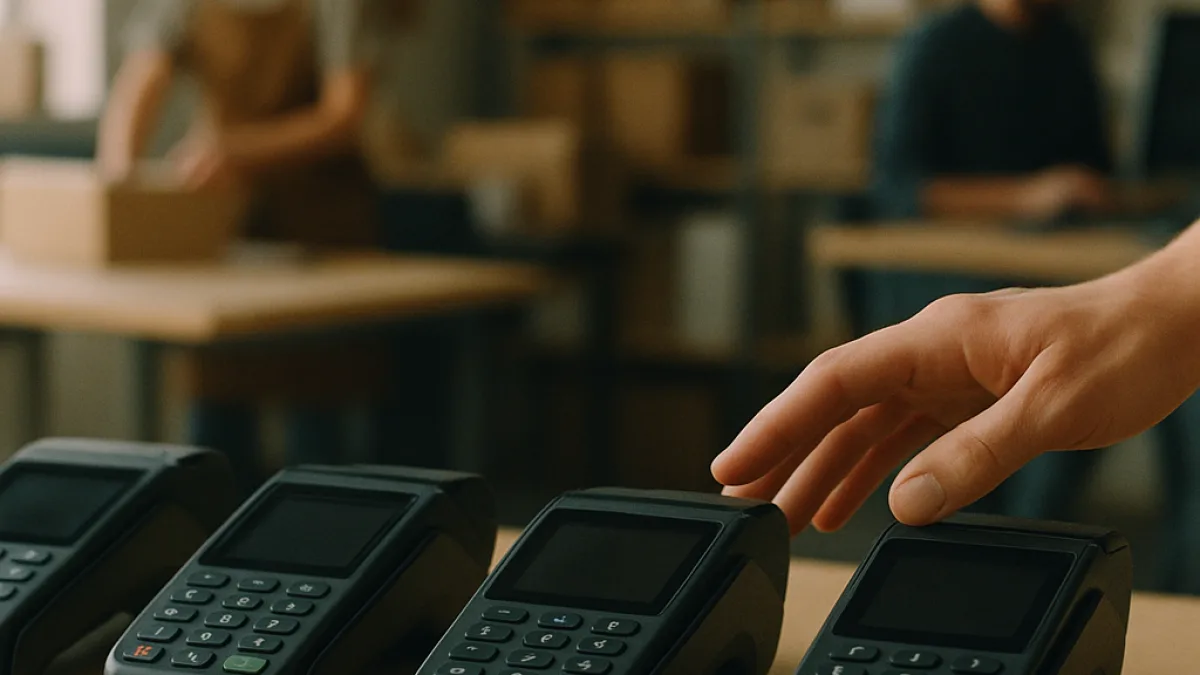 Several card terminals lined up on a counter