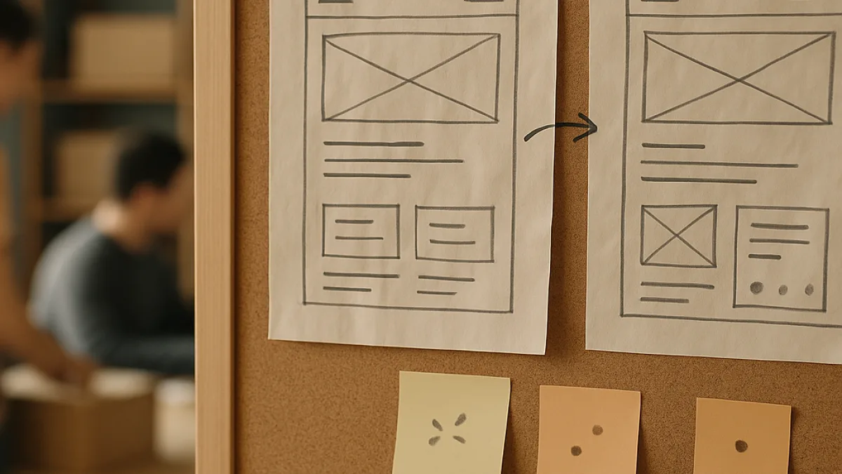 Two nearly identical layout sketches pinned side by side with notes between them