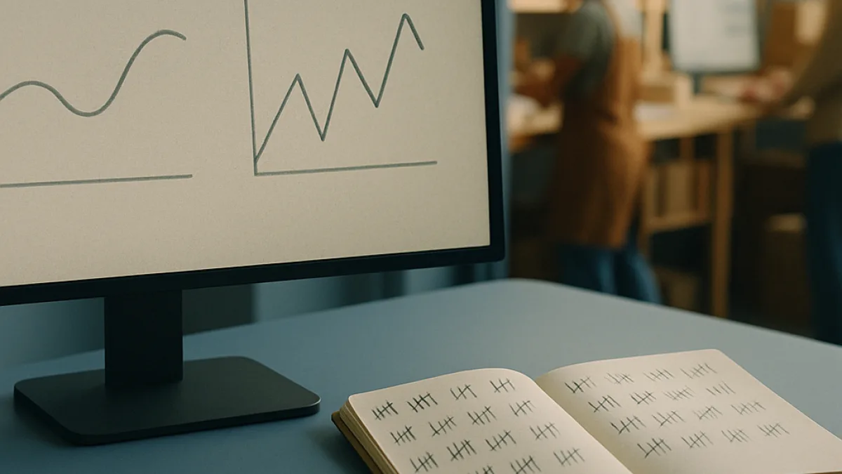 A monitor showing two charts that disagree, with a notebook of hand tallies beside it