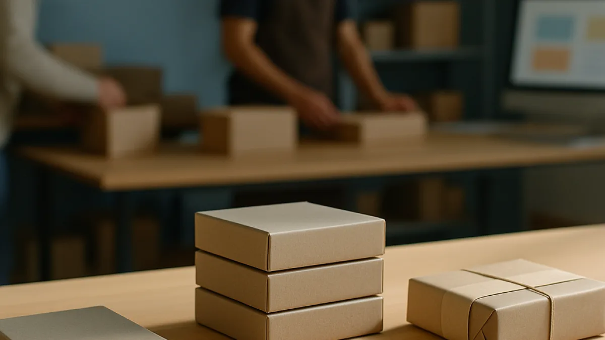 Three small product displays on a table representing different selling models