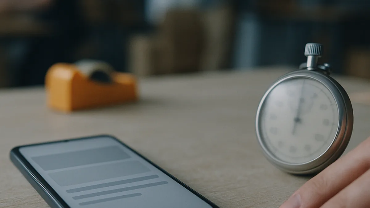 A mid-range phone on a desk with a stopwatch beside it