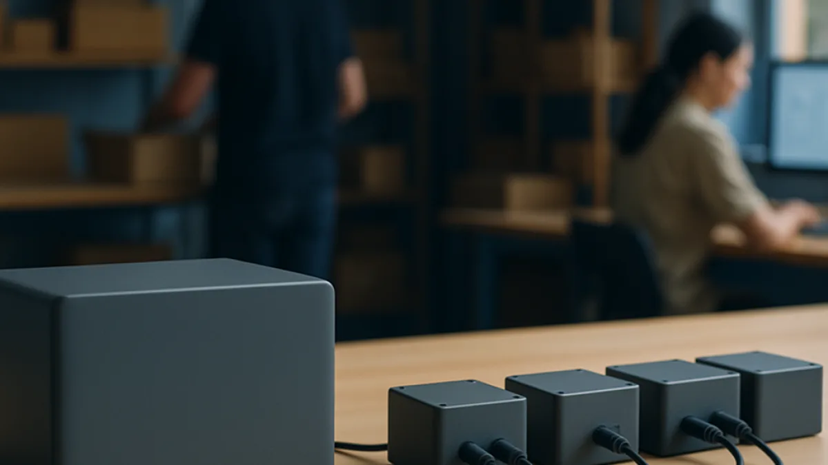 One large machine beside several smaller connected units on a bench