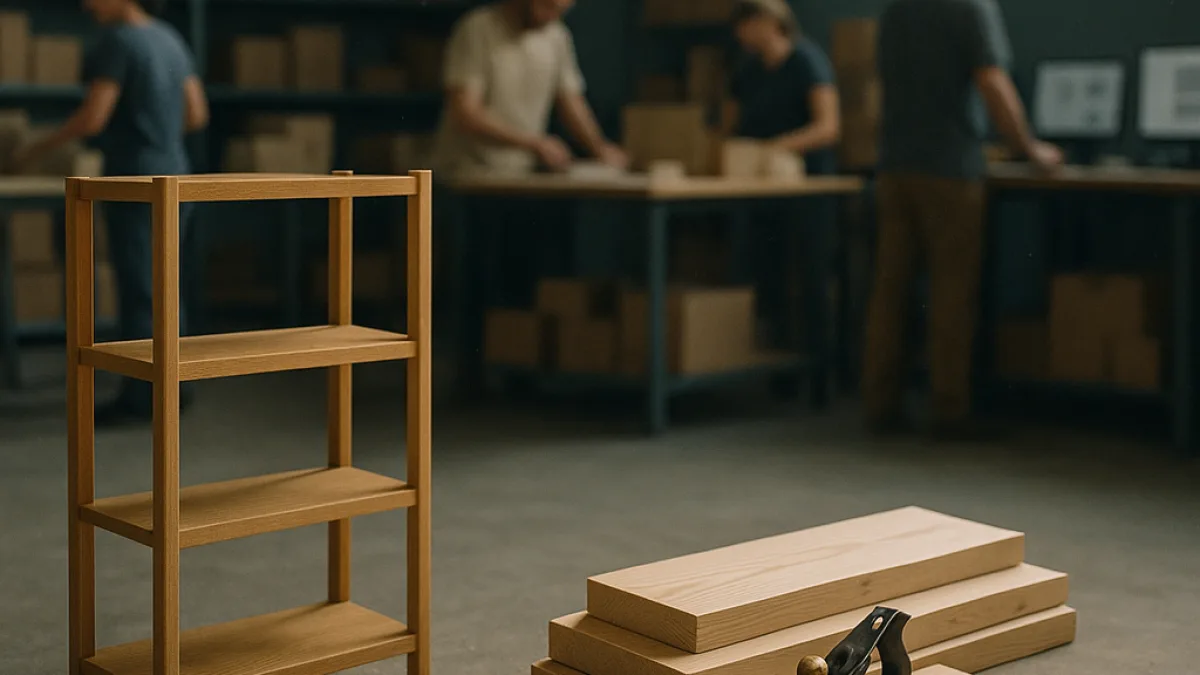 A pre-assembled shelving unit next to a pile of raw timber and tools