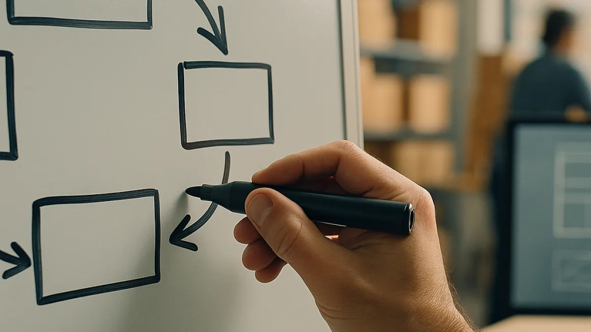 A whiteboard sketch showing catalogue, cart, payment and warehouse as connected boxes
