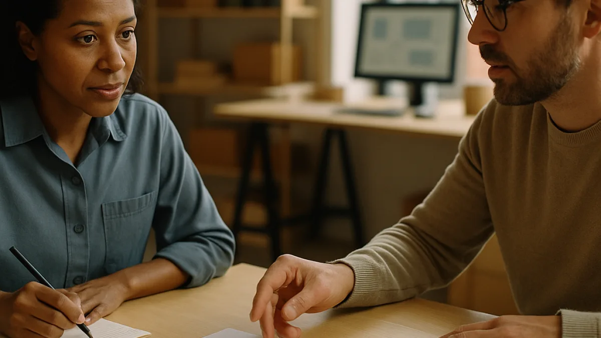 Two people talking across a table over a printed requirements list