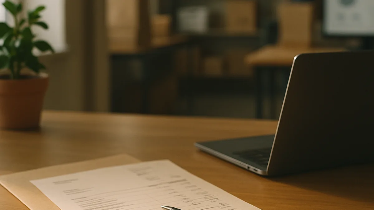 A printed invoice and a folder of paperwork beside a laptop