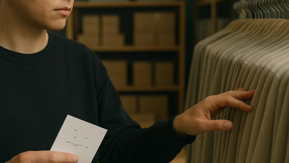 A person searching a rack of similar items, holding a handwritten note
