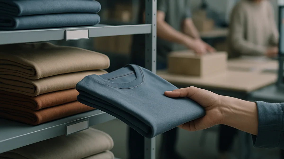 Shelves of the same garment in different sizes and colours, neatly sorted
