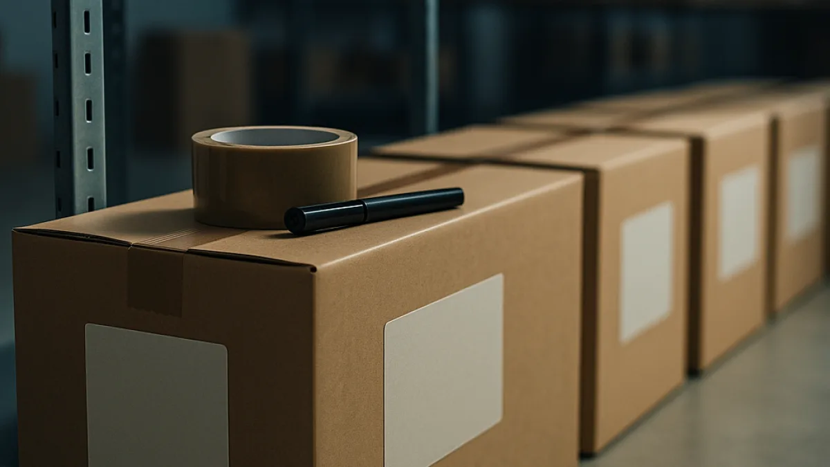 Packed and labelled moving boxes lined up beside an empty shelf unit