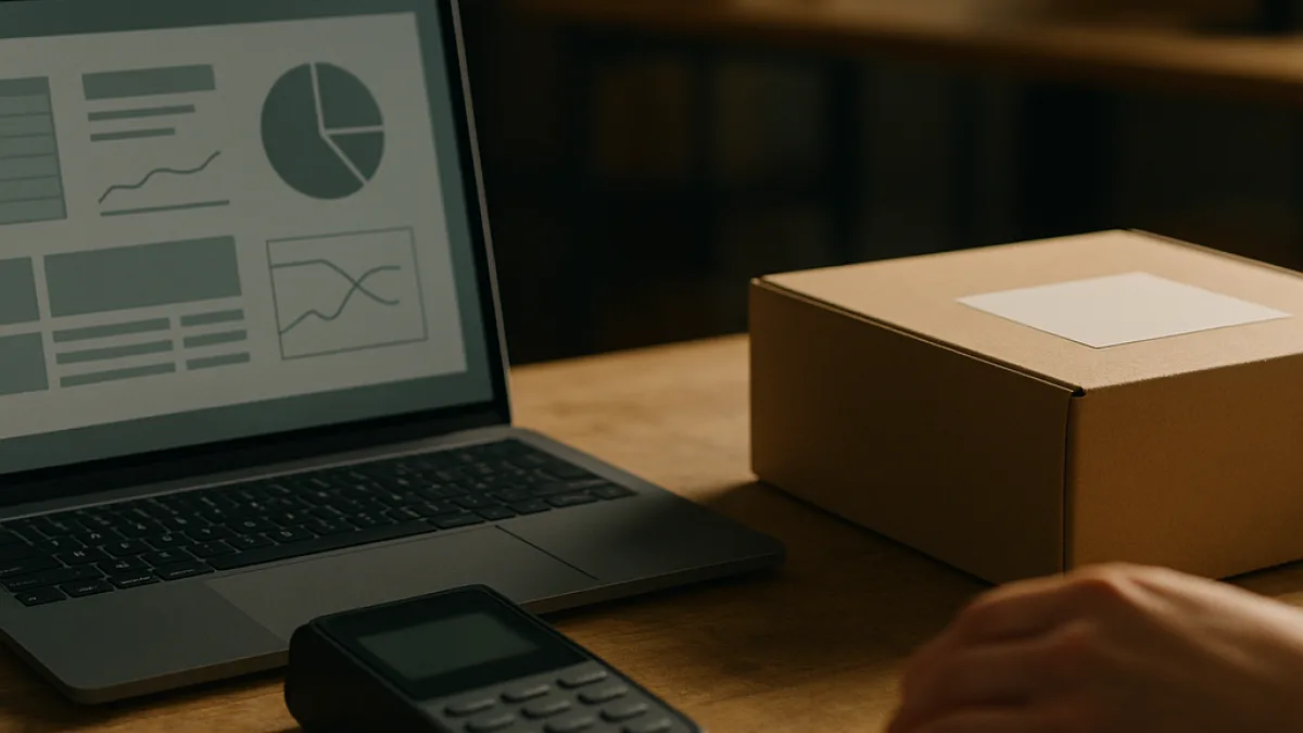 A workbench with a laptop, a card reader and a packed parcel side by side