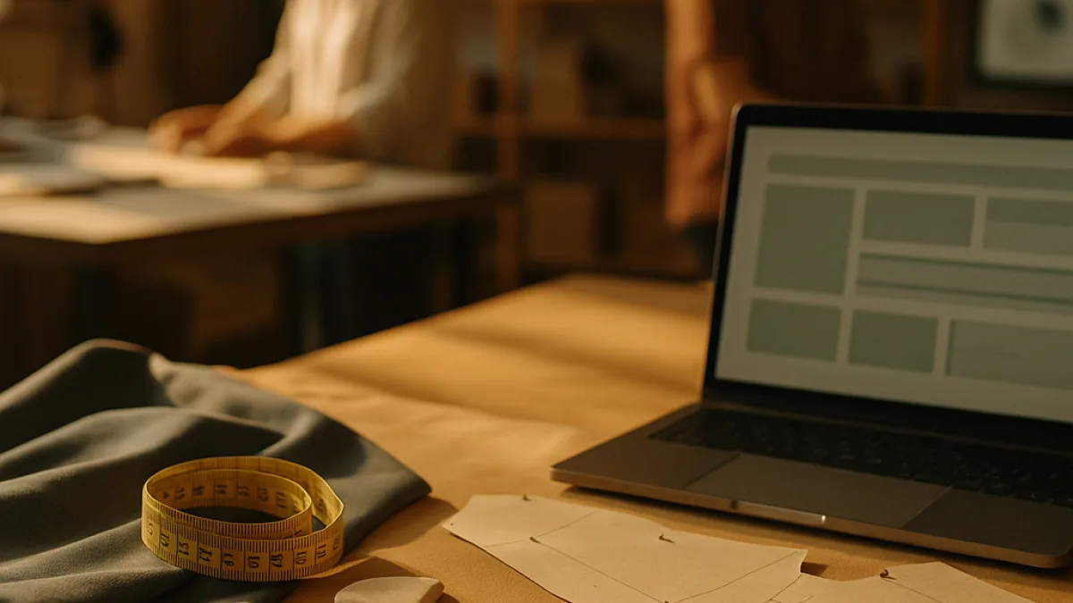 A tailor's measuring tape and chalk beside a laptop on a cutting table